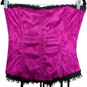 Fredericks of Hollywood Pink Satin Corset Top Large Lace Trim Lace Up Whimsigoth